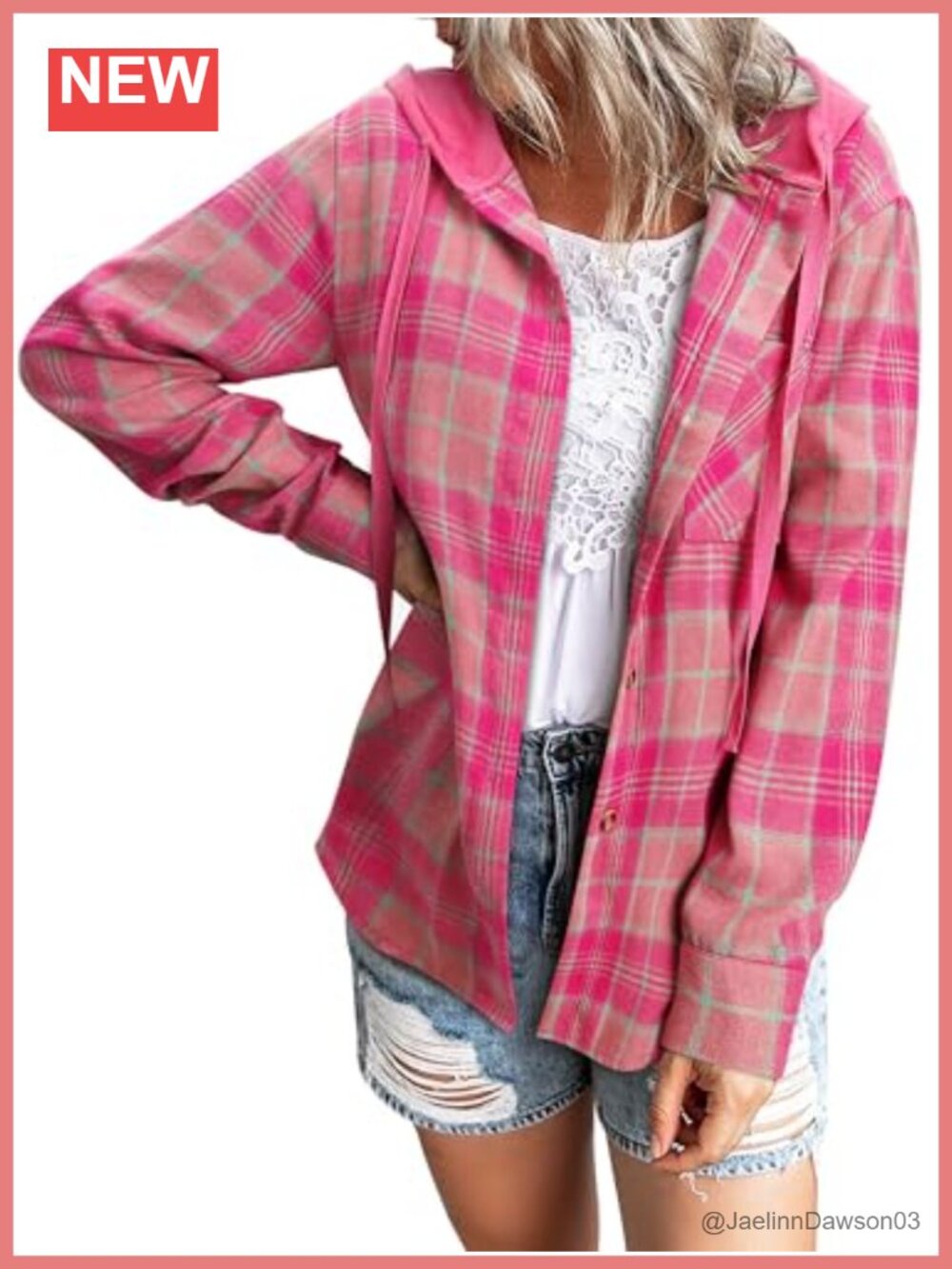 Hooded Flannel Plaid Shacket Button Down Oversized Shirt Jacket